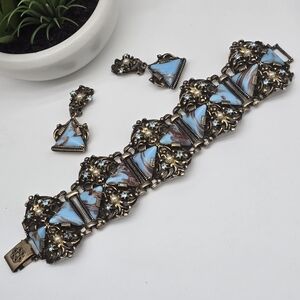 Rare Selro Selini Elegant Pearls & Art Glass Turquiose Blue and Gold Jewelry Set